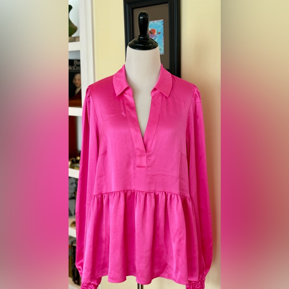 Lilly Pulitzer Top Hot Pink Sateen Jaylene Long Sleeve Peplum Hem Blouse XL - Picture 9 of 9